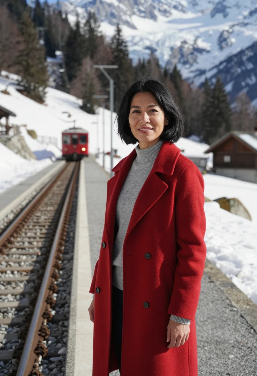 AI chamonix mountain doctor granite red train sample — portrait of a woman, a mountain doctor in her early forties