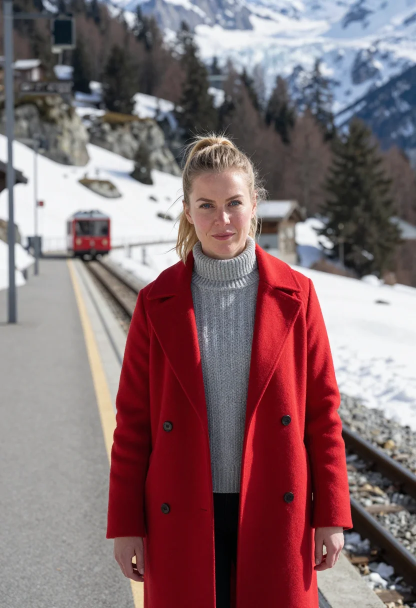 AI chamonix mountain doctor granite red train sample — portrait of a woman, a mountain doctor in her late twenties