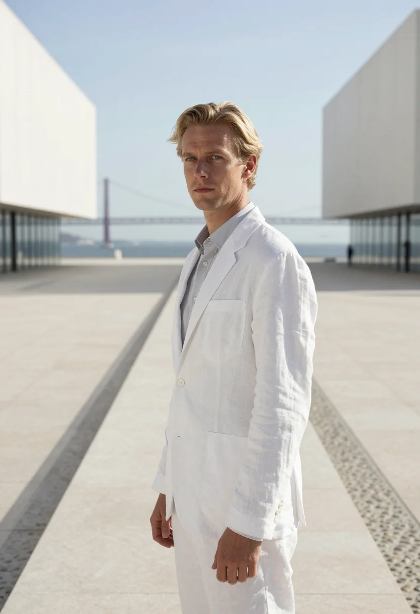 AI champalimaud neuroscientist white stone tagus sample — portrait of a man, of Dutch descent, in his late thirties, w