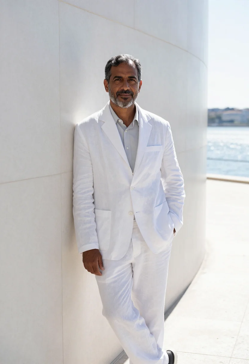 AI champalimaud neuroscientist white stone tagus sample — portrait of a man, of Goan and Portuguese descent, in his la