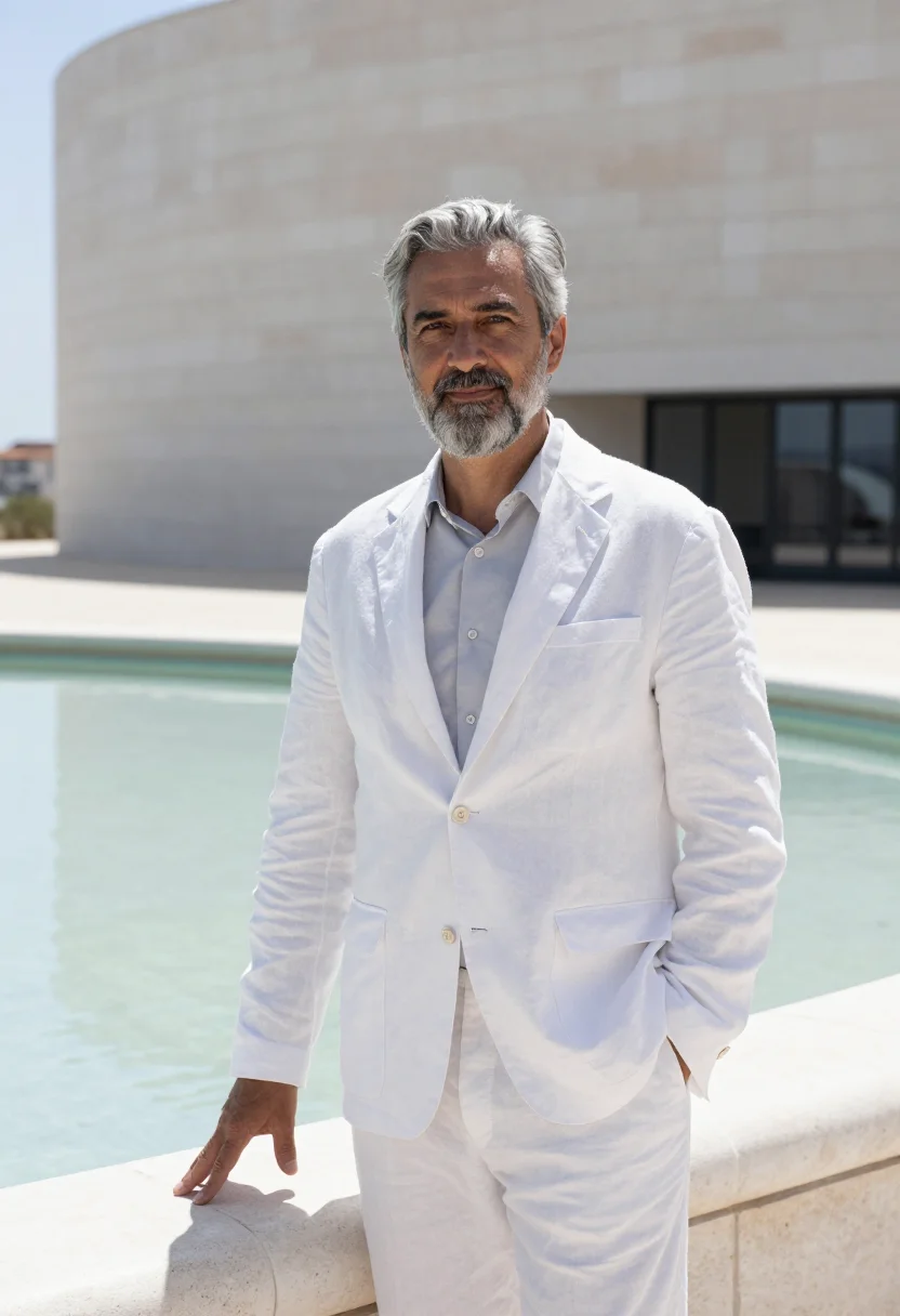 AI champalimaud neuroscientist white stone tagus sample — portrait of a man, of Portuguese descent, in his mid-fifties