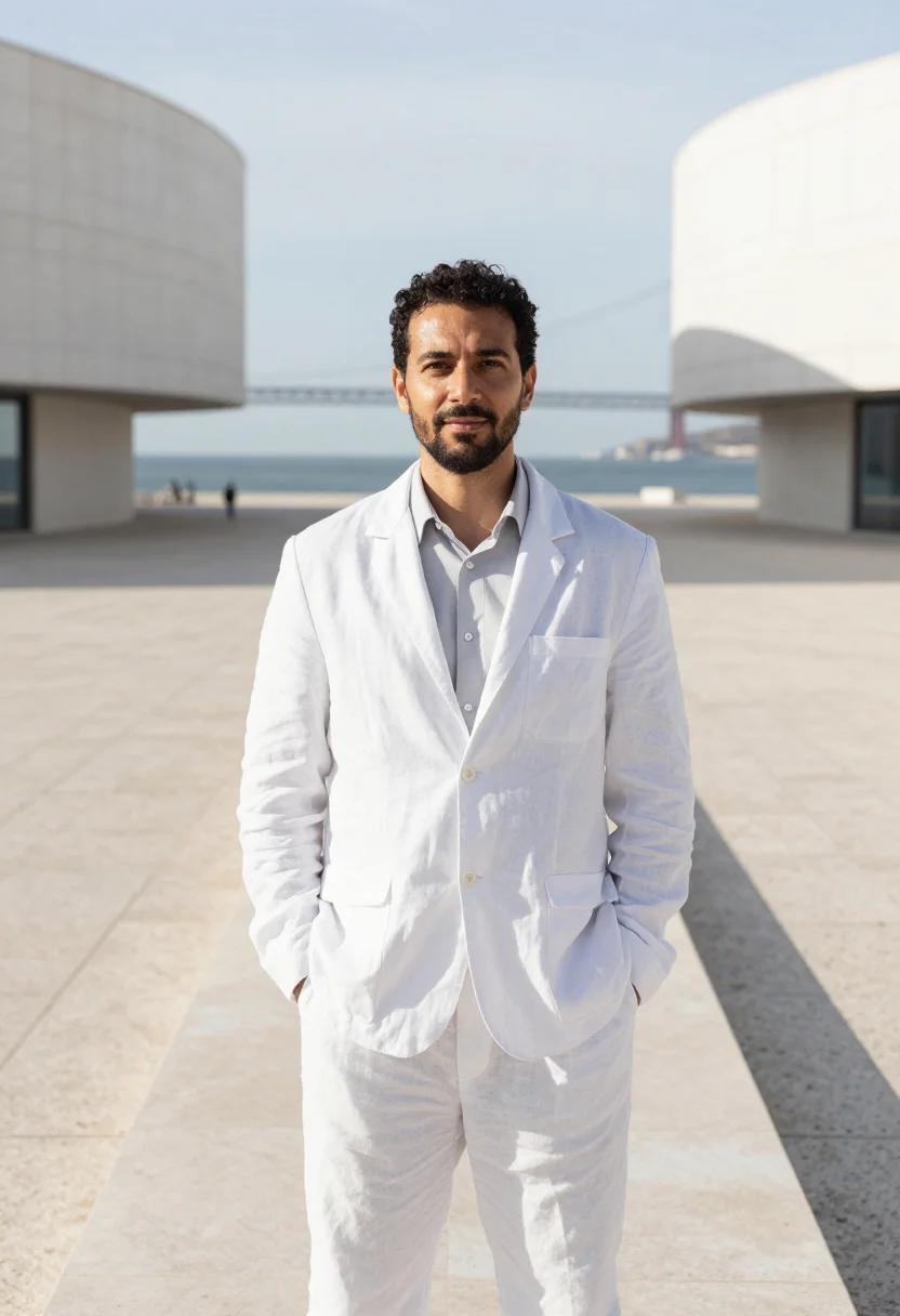 AI champalimaud neuroscientist white stone tagus sample — portrait of a man, of Brazilian descent, in his early fortie