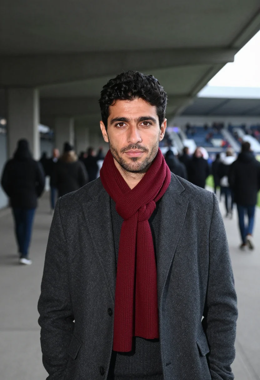 AI champions league final night scarf sample — portrait of a man, an Italian man in his mid-thirties with o