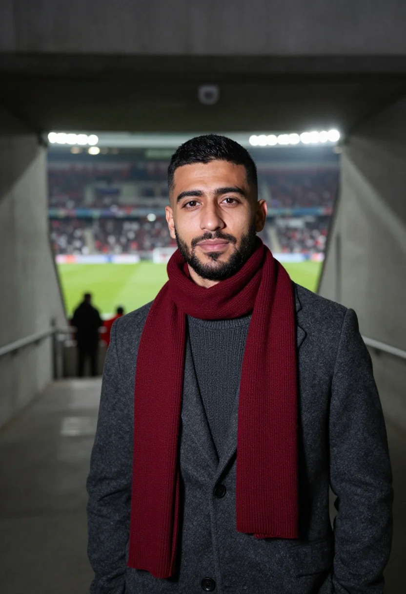 AI champions league final night scarf sample — portrait of a man, a Turkish-German man in his late twenties