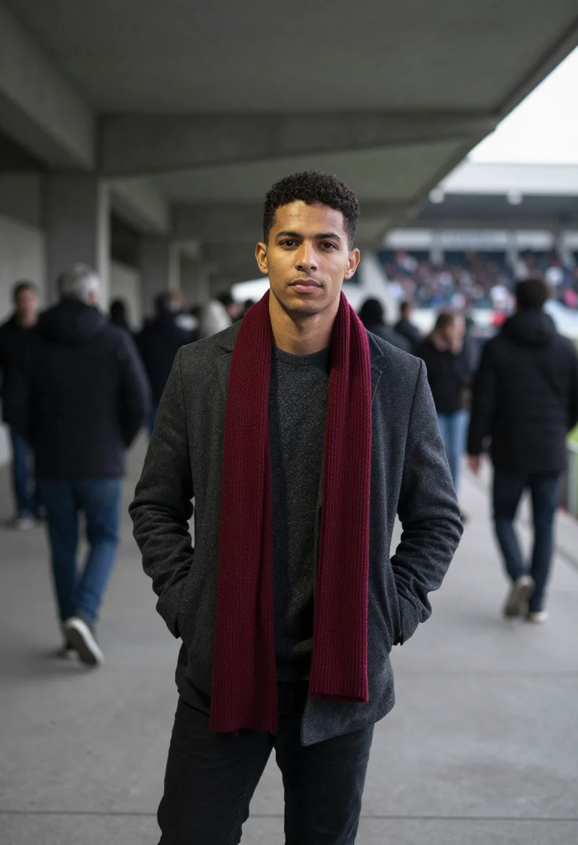 AI champions league final night scarf sample — portrait of a man, a Brazilian man in his early thirties wit