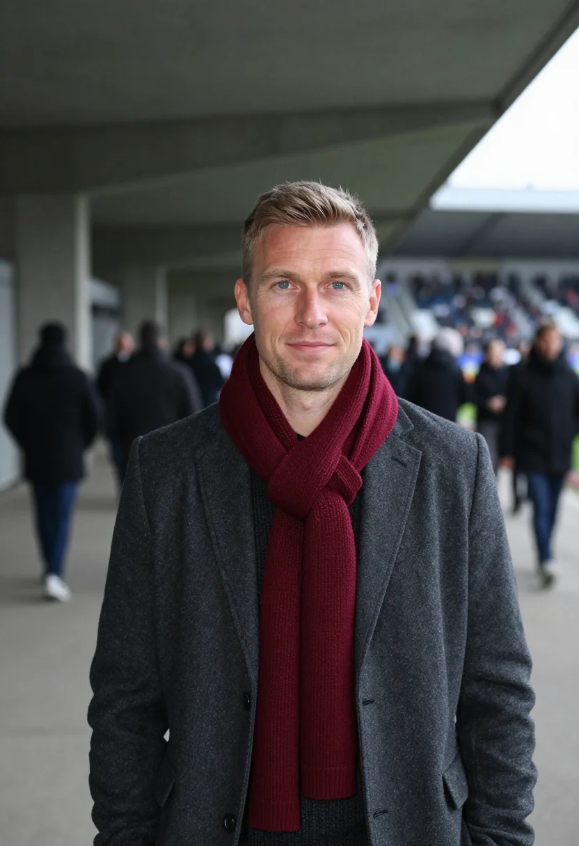 AI champions league final night scarf sample — portrait of a man, a German man in his late thirties with fa