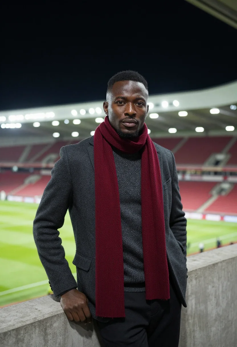 AI champions league final night scarf sample — portrait of a man, a Nigerian-British man in his early thirt