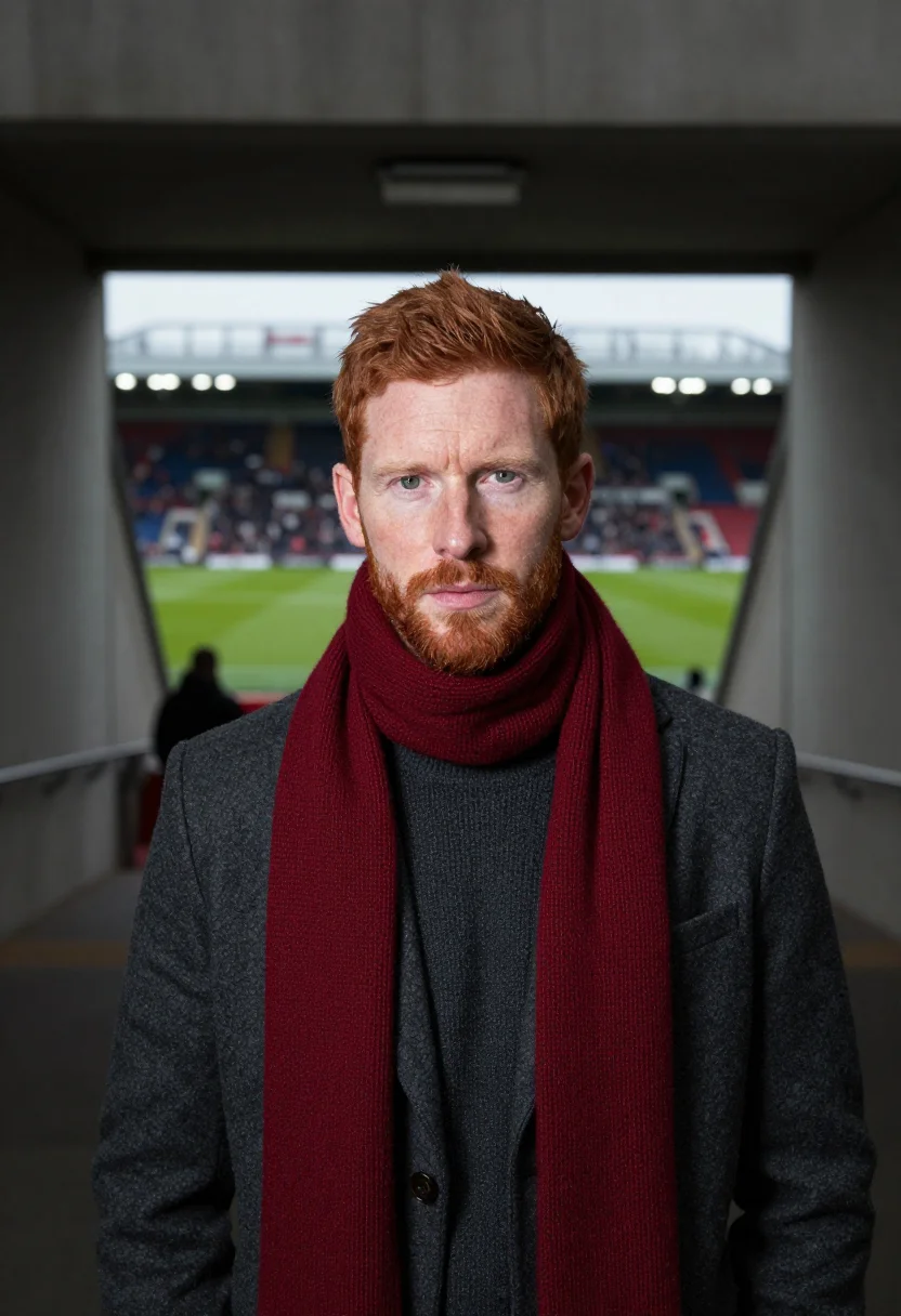 AI champions league final night scarf sample — portrait of a man, a Scottish man in his early forties with