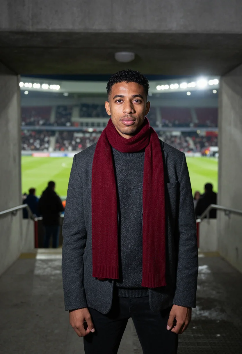 AI champions league final night scarf sample — portrait of a man, a French-Algerian man in his mid-thirties