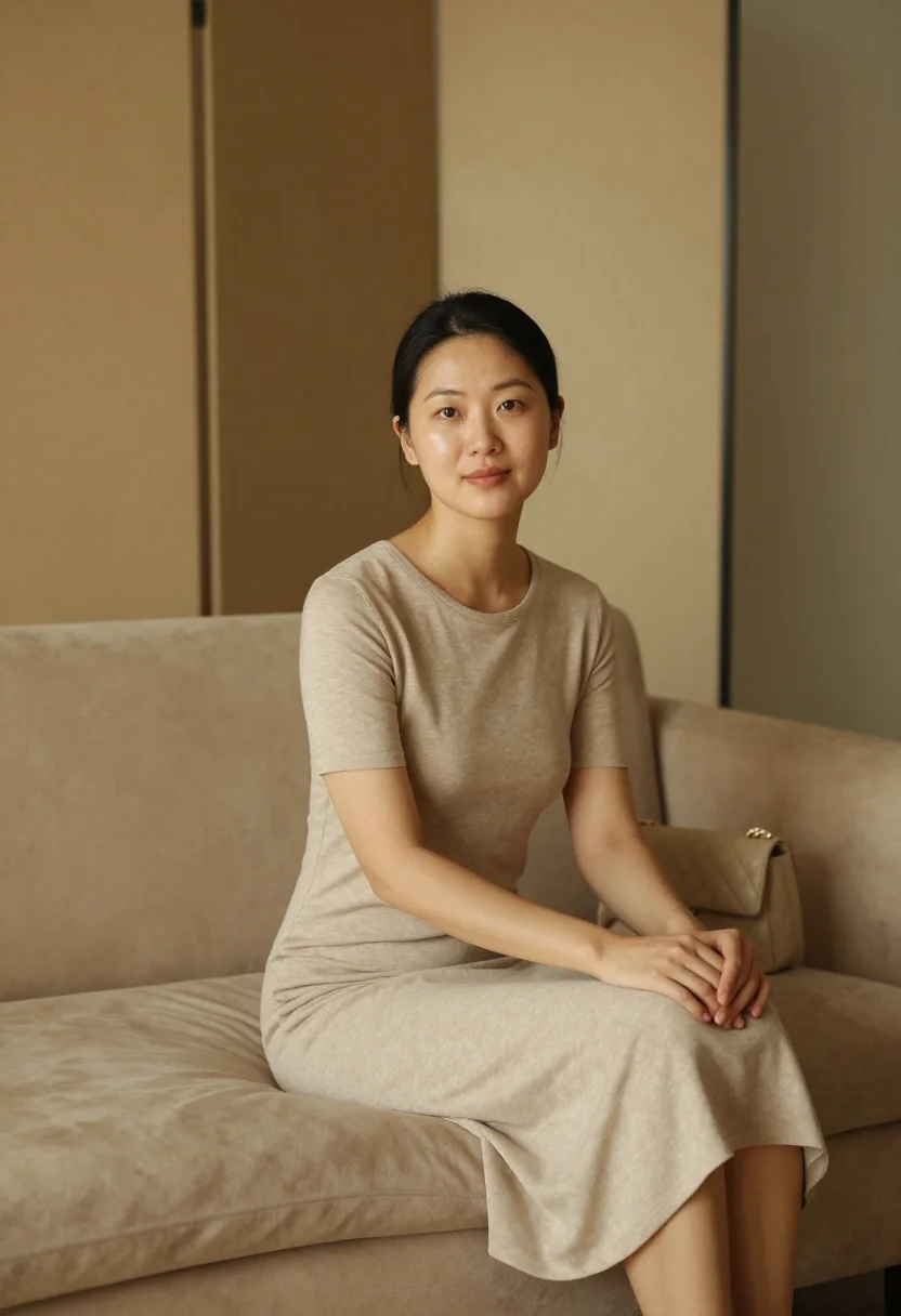 AI chanel beige sample — portrait of a woman, half-length seated portrait of an East-