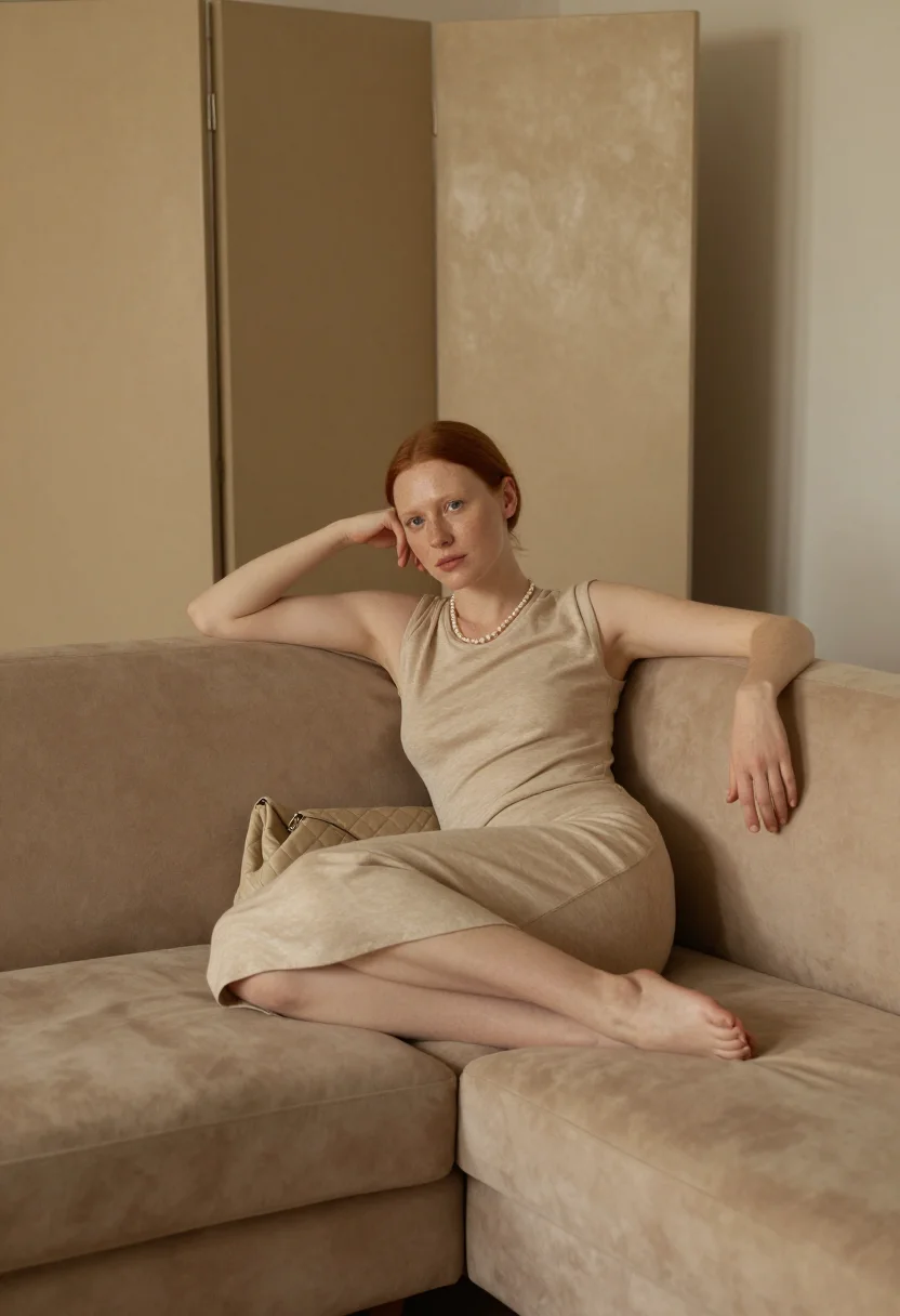 AI chanel beige sample — portrait of a woman, full-length seated portrait of a Wester