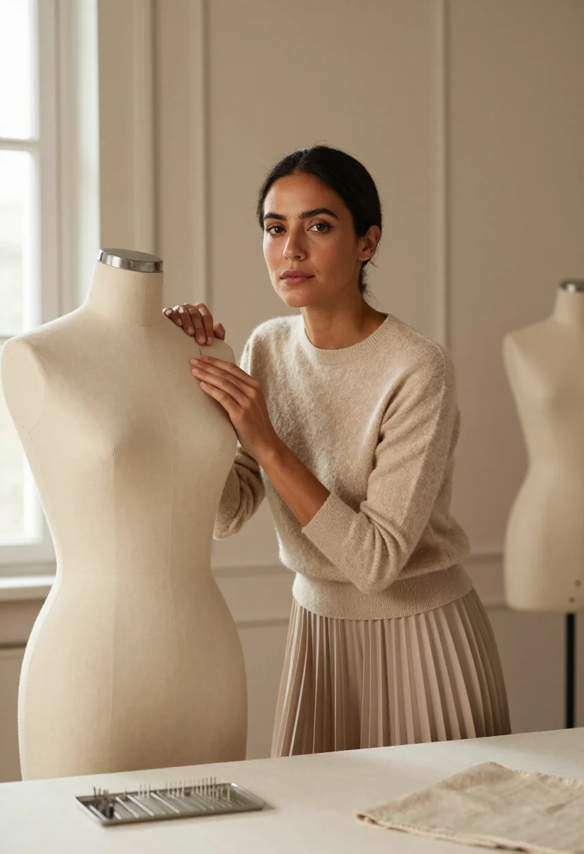 AI chanel beige sample — portrait of a woman, half-length portrait of a Mediterranean