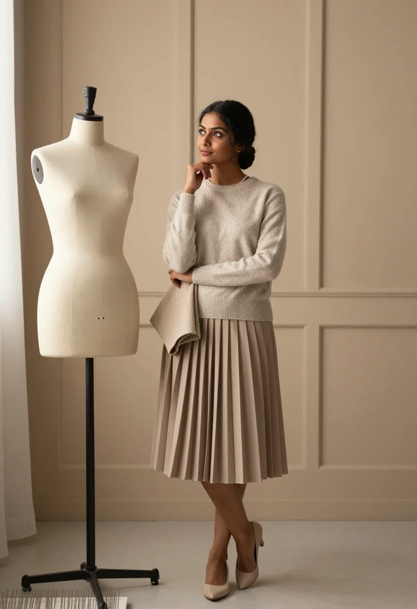 AI chanel beige sample — portrait of a woman, full-length portrait of a South-Asian w