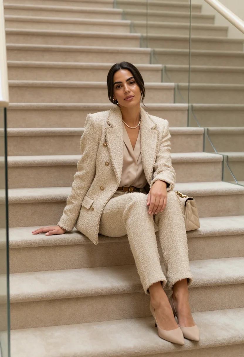 AI chanel beige sample — portrait of a woman, full-length seated portrait of a Medite