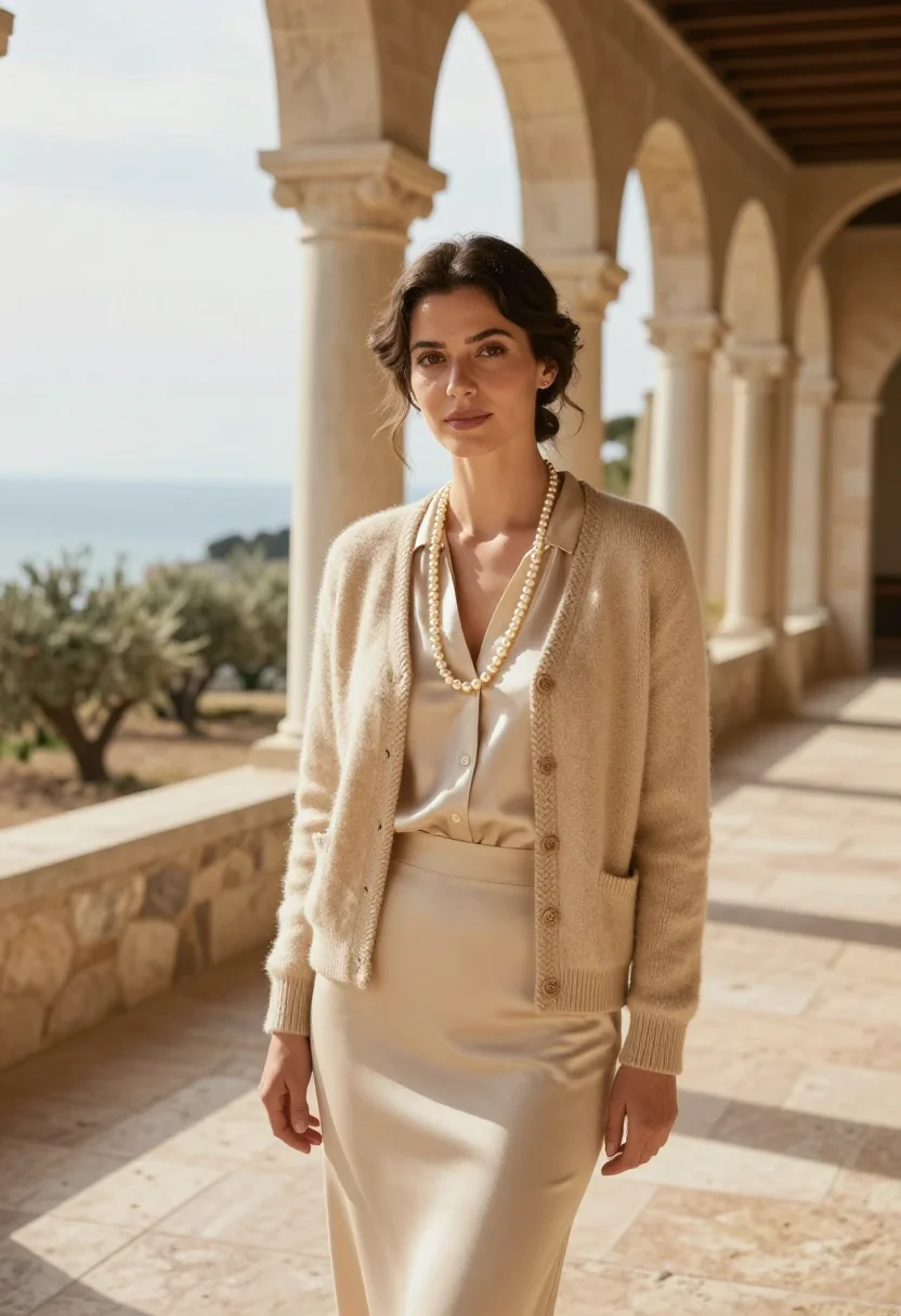 AI chanel la pausa roquebrune villa beige sample — portrait of a woman, French and in her early thirties, with