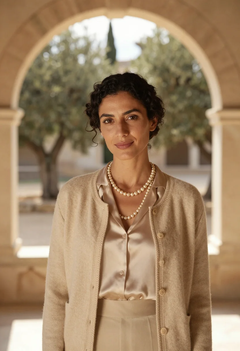 AI chanel la pausa roquebrune villa beige sample — portrait of a woman, Greek and in her early forties, with wa