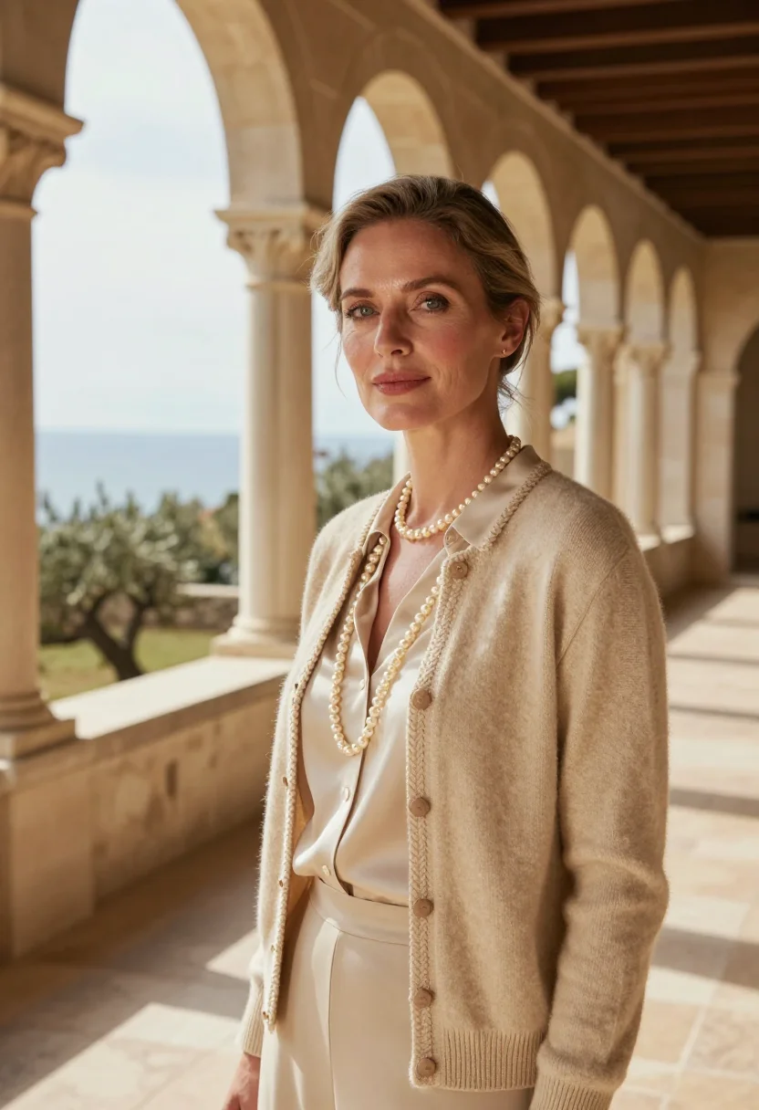AI chanel la pausa roquebrune villa beige sample — portrait of a woman, English and in her mid-forties, with ro