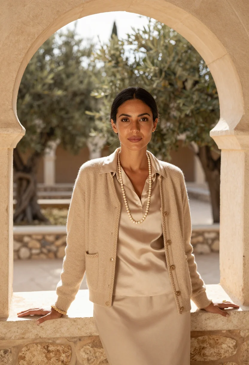 AI chanel la pausa roquebrune villa beige sample — portrait of a woman, Moroccan and in her mid-thirties, with