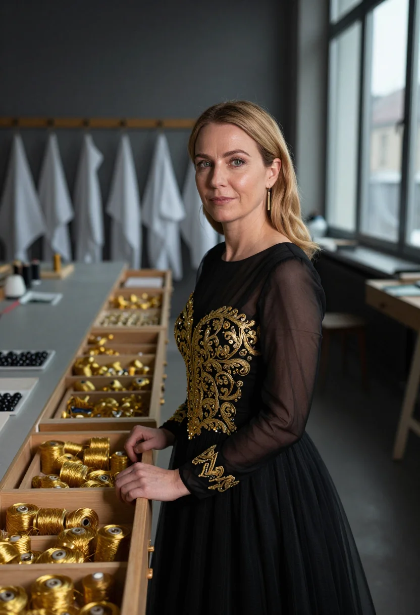 AI chanel lesage embroidery atelier gold black sample — portrait of a woman, Swiss and in her late thirties, with fa