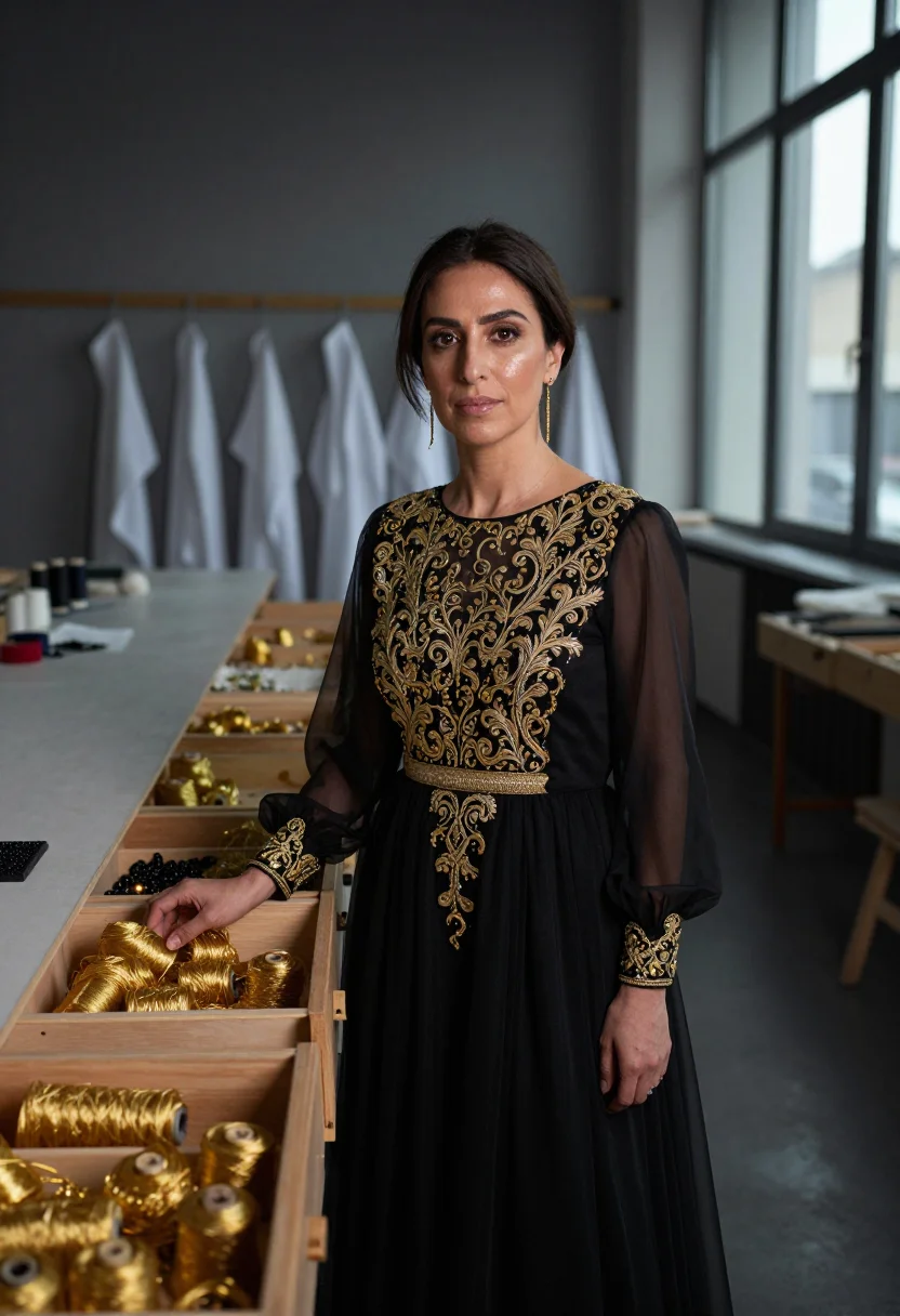 AI chanel lesage embroidery atelier gold black sample — portrait of a woman, Lebanese and in her mid-forties, with w