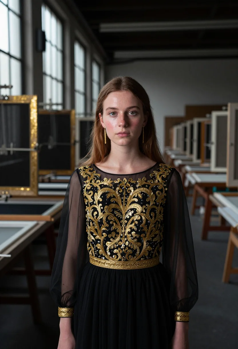 AI chanel lesage embroidery atelier gold black sample — portrait of a woman, French and in her mid-twenties, with ro