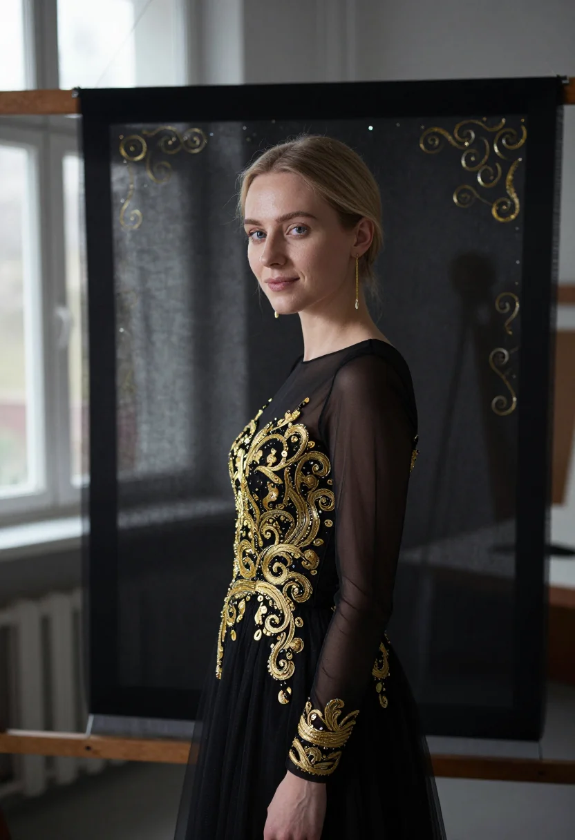 AI chanel lesage embroidery atelier gold black sample — portrait of a woman, Russian and in her late twenties, with