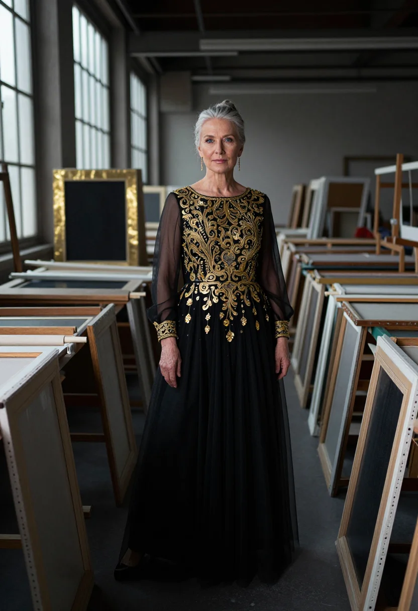 AI chanel lesage embroidery atelier gold black sample — portrait of a woman, English and in her early fifties, with