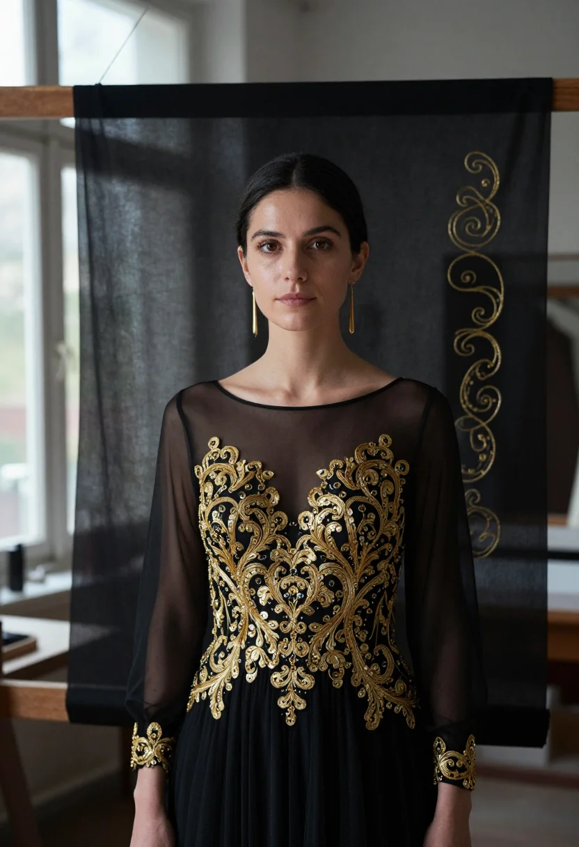 AI chanel lesage embroidery atelier gold black sample — portrait of a woman, French and in her mid-thirties, with fa