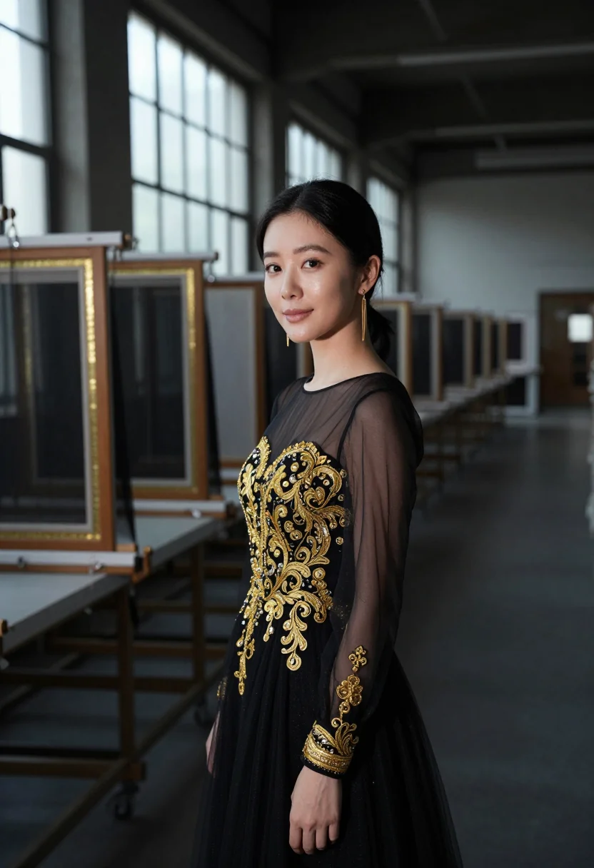 AI chanel lesage embroidery atelier gold black sample — portrait of a woman, Korean-French and in her early thirties