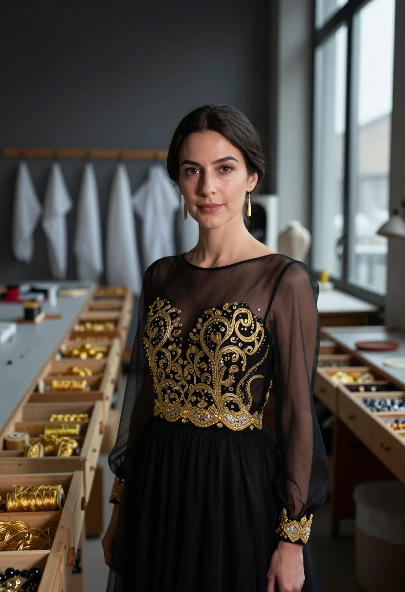 AI chanel lesage embroidery atelier gold black sample — portrait of a woman, Italian and in her early forties, with