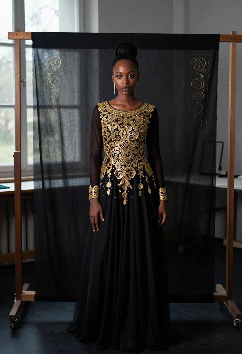 AI chanel lesage embroidery atelier gold black sample — portrait of a woman, Ethiopian-French and in her early thirt