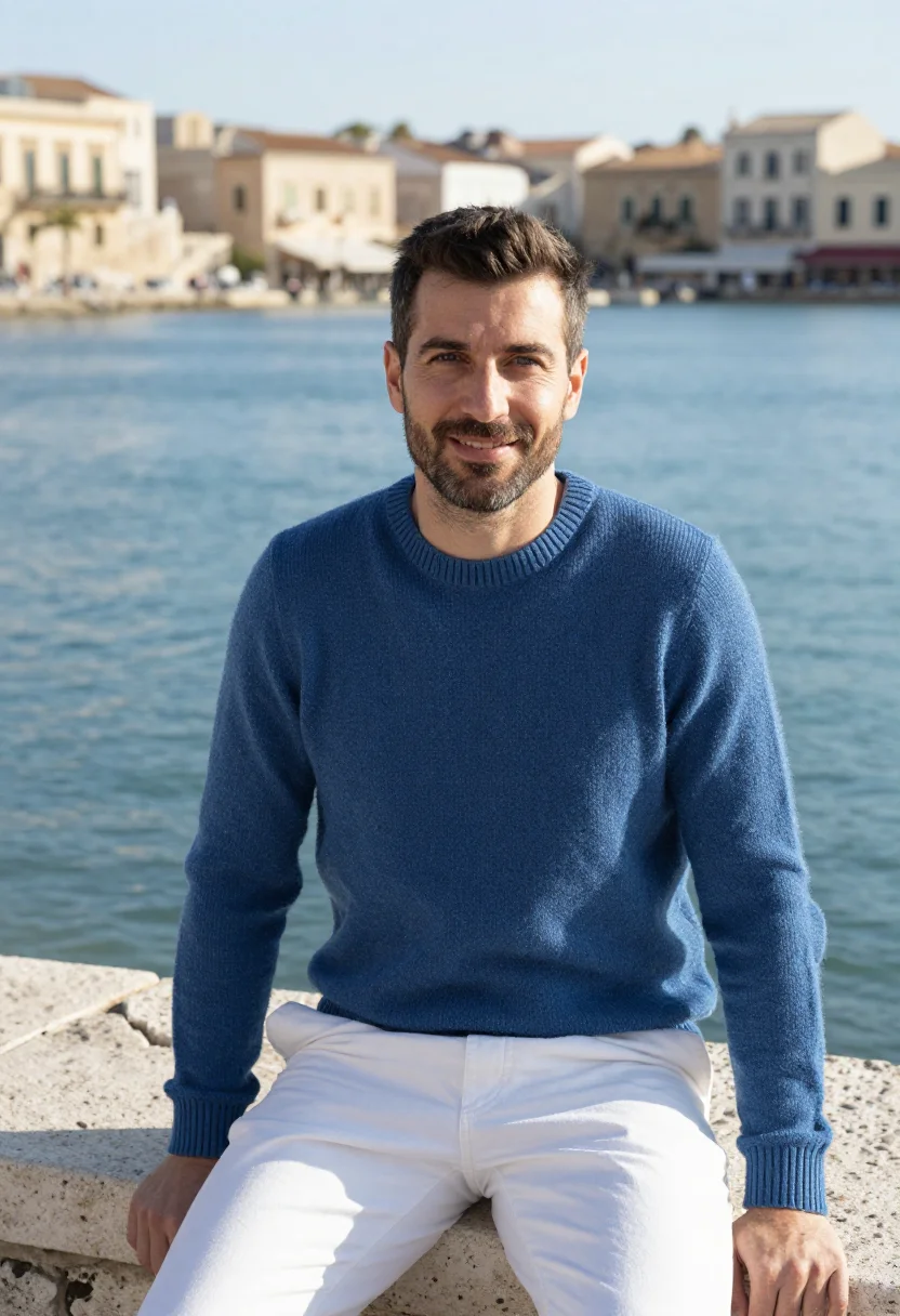 AI chania harbour winter blue white sample — portrait of a man, framed chest-up to the ribs, the body clo