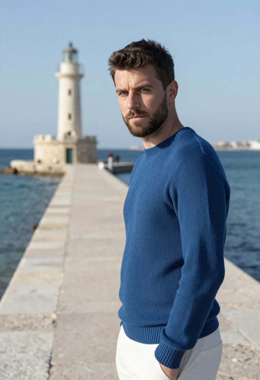 AI chania harbour winter blue white sample — portrait of a man, framed tight, head and shoulders, the bod