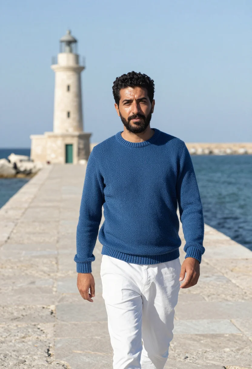 AI chania harbour winter blue white sample — portrait of a man, framed half-length from the hips up, the