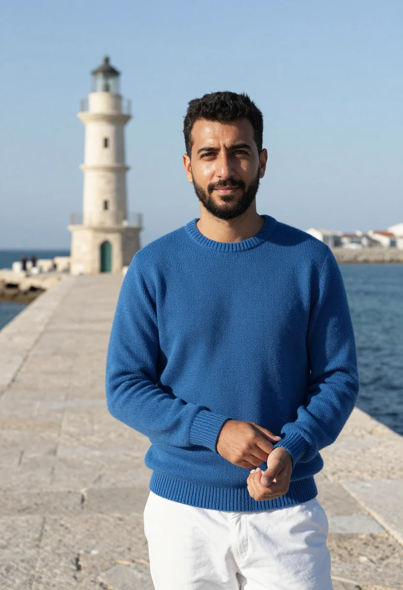 AI chania harbour winter blue white sample — portrait of a man, framed chest-up to the ribs, the body clo