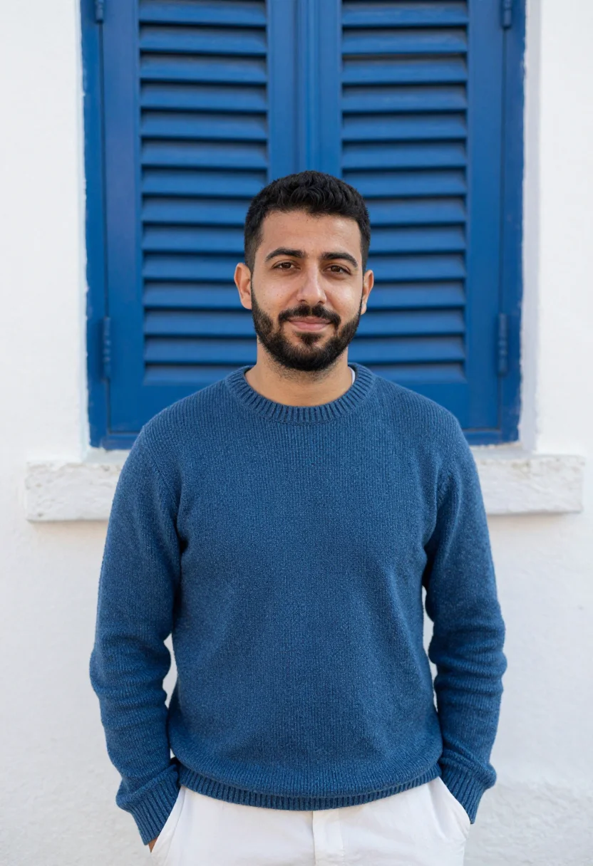 AI chania harbour winter blue white sample — portrait of a man, framed tight, head and shoulders, the bod