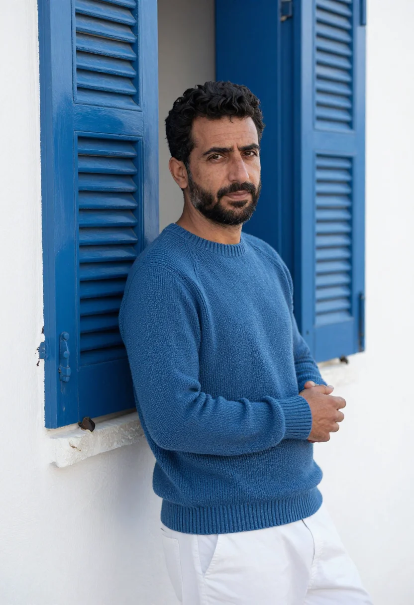 AI chania harbour winter blue white sample — portrait of a man, framed chest-up to the ribs, the body clo