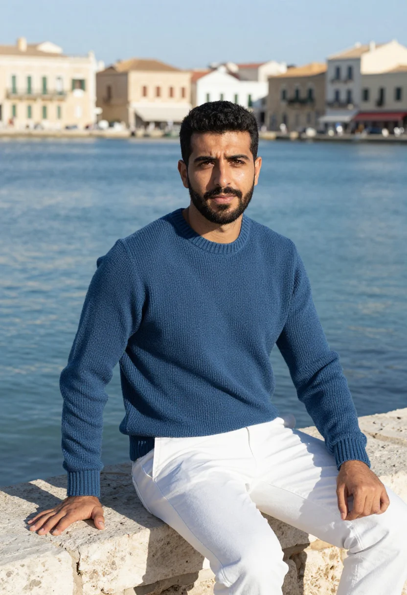 AI chania harbour winter blue white sample — portrait of a man, framed half-length, the seated figure fro