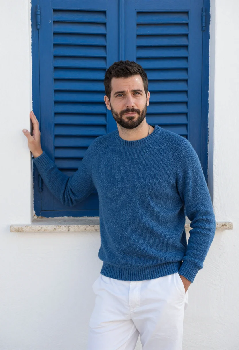 AI chania harbour winter blue white sample — portrait of a man, framed half-length from the hips up, the
