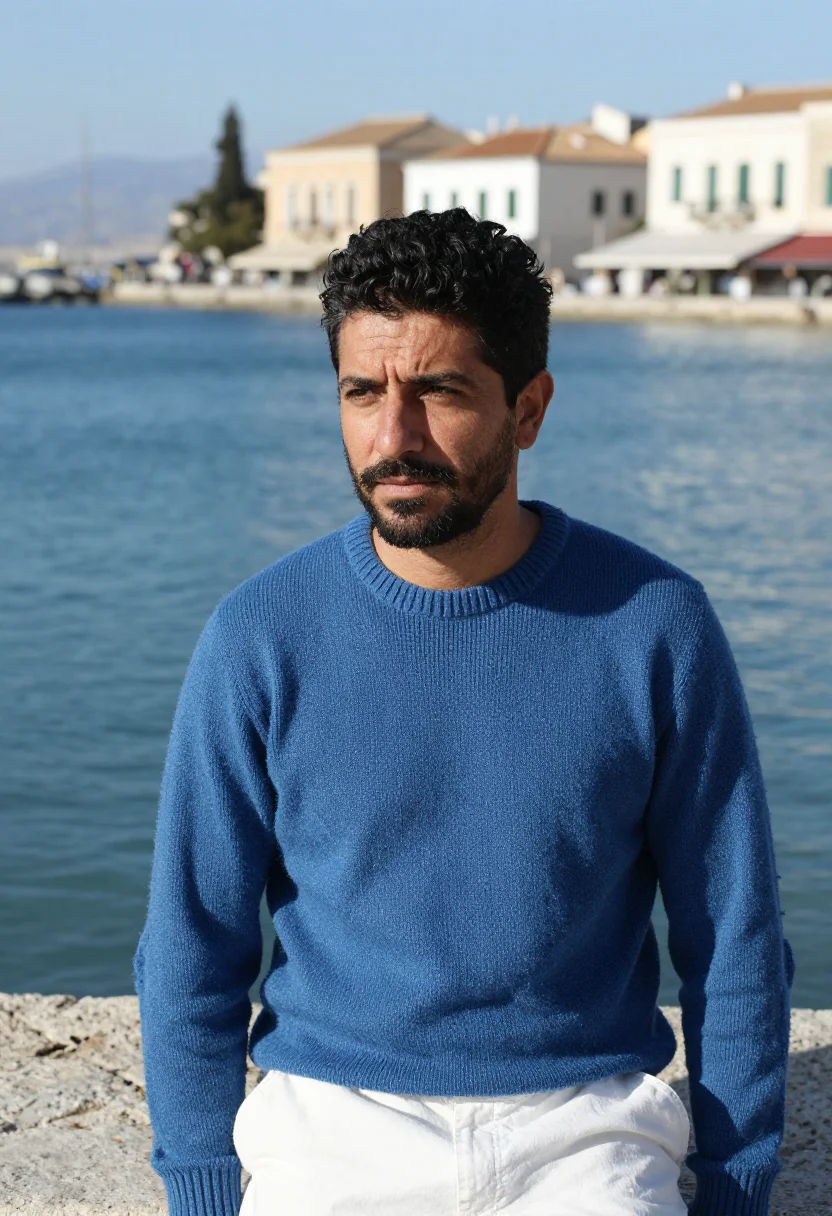 AI chania harbour winter blue white sample — portrait of a man, framed tight, head and shoulders, the bod