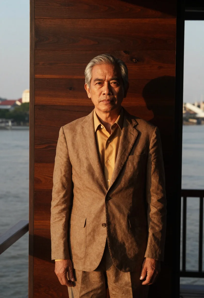 AI chao phraya hotelier teak river sample — portrait of a man, a hotelier in his sixties of Thai-Chinese