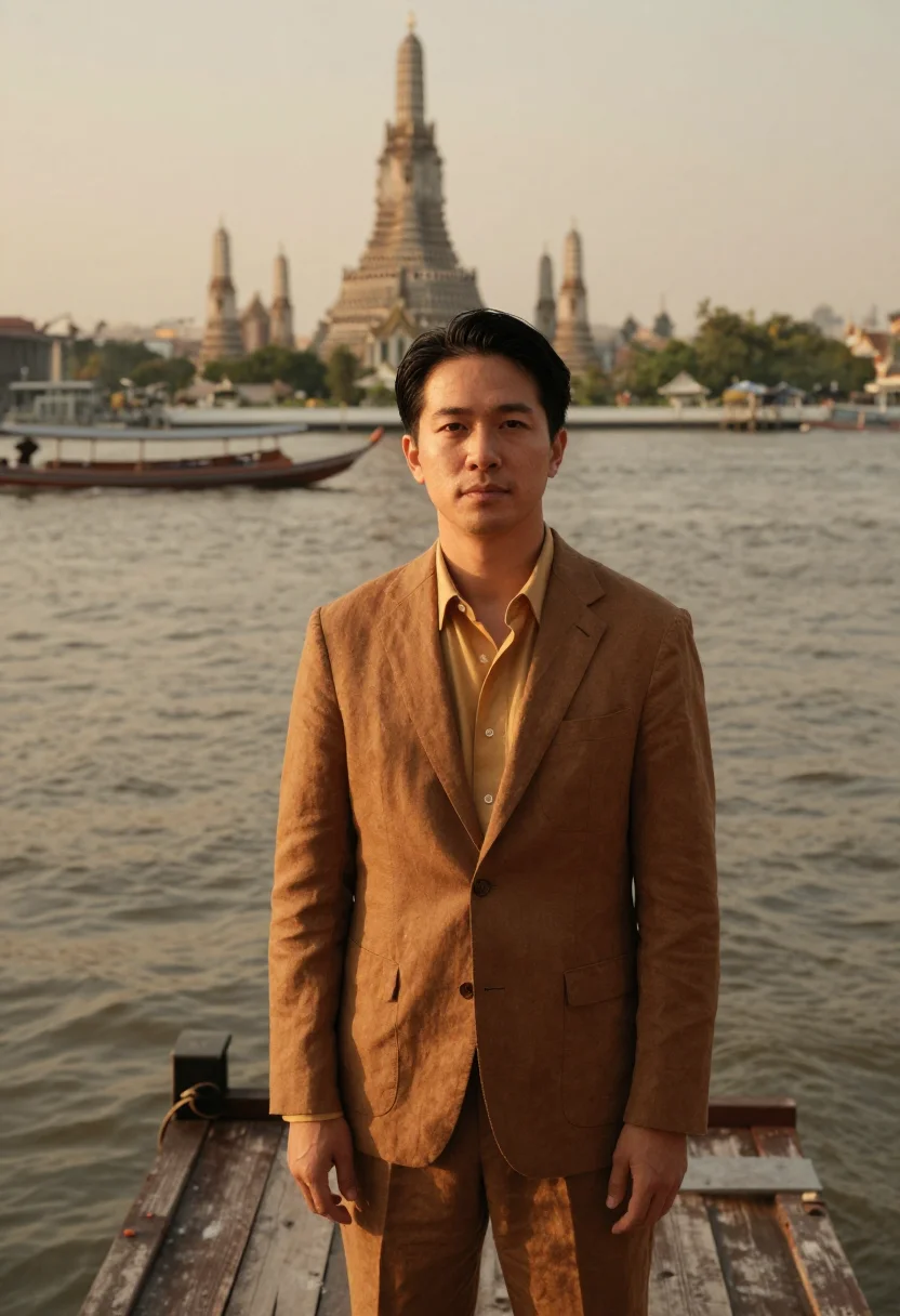 AI chao phraya hotelier teak river sample — portrait of a man, a hotelier in his forties of Japanese des
