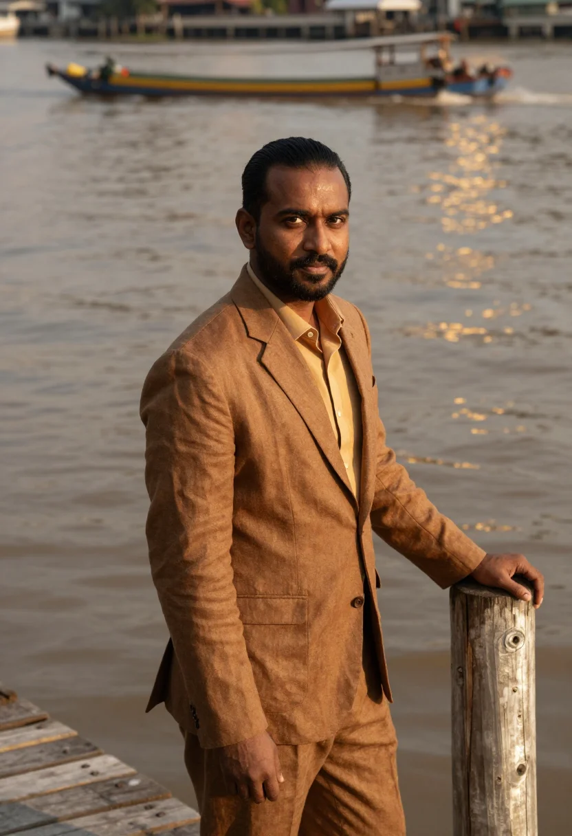 AI chao phraya hotelier teak river sample — portrait of a man, a hotelier in his forties of Indian desce