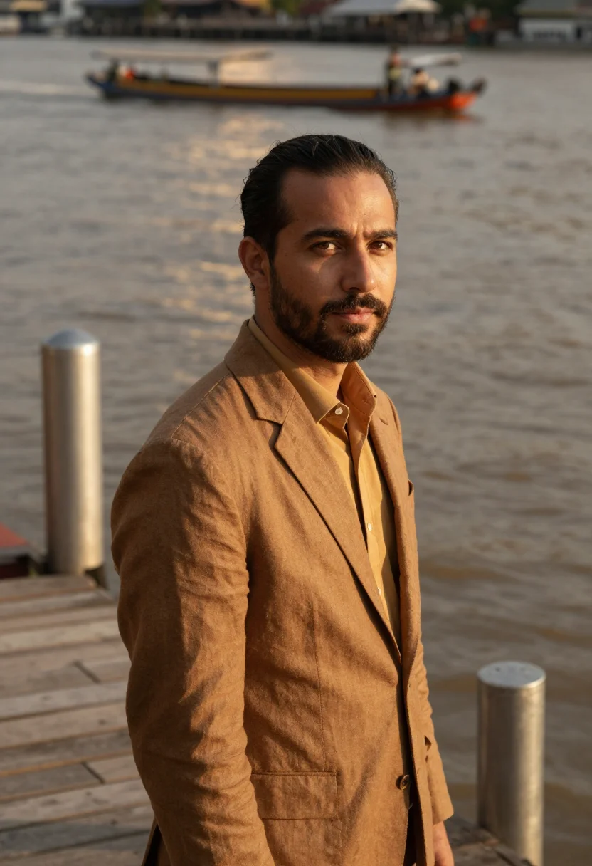 AI chao phraya hotelier teak river sample — portrait of a man, a hotelier in his thirties of French desc