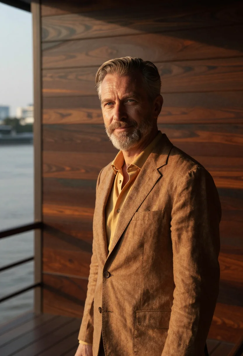 AI chao phraya hotelier teak river sample — portrait of a man, a hotelier in his fifties of Swiss descen