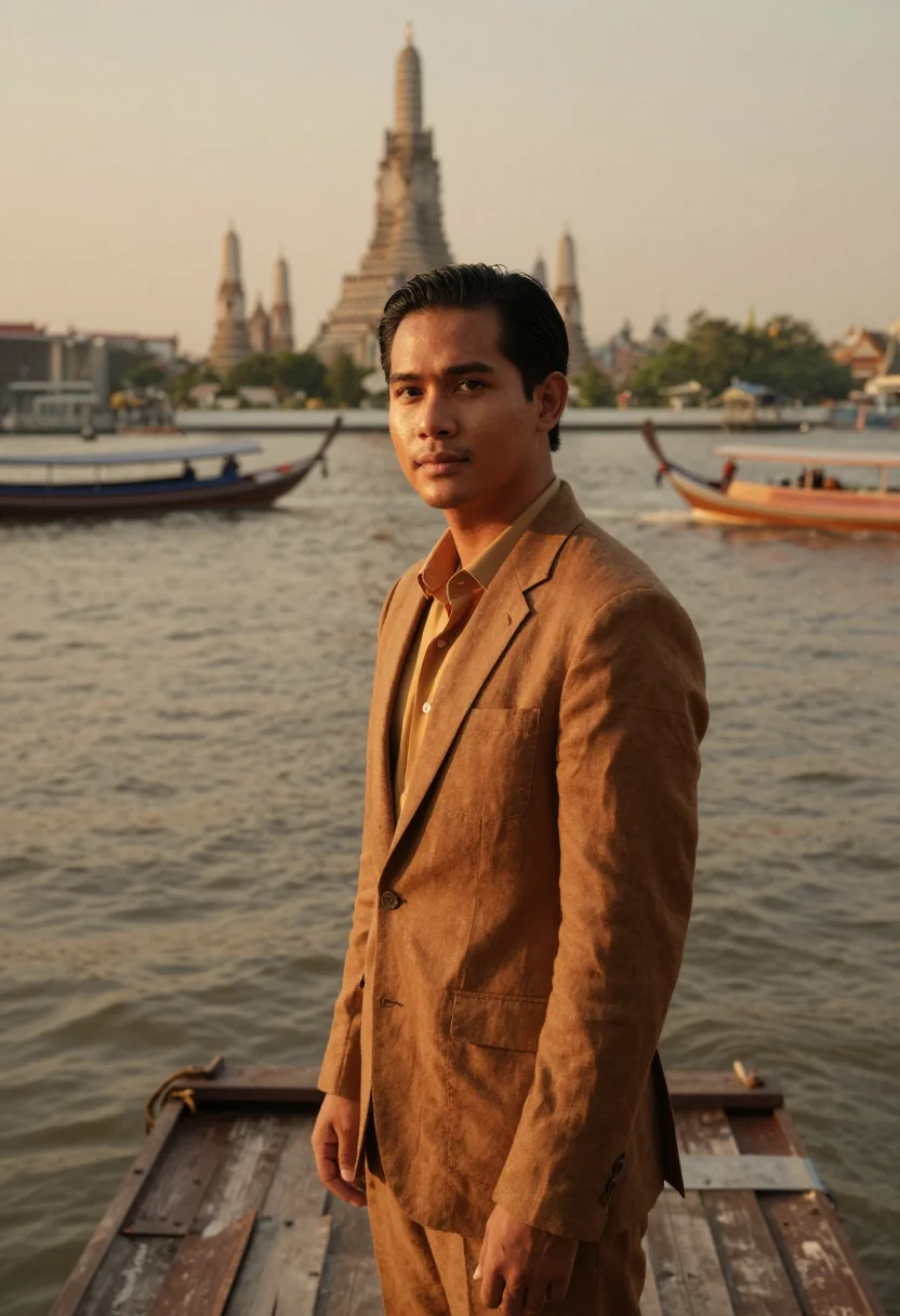 AI chao phraya hotelier teak river sample — portrait of a man, a hotelier in his thirties of Thai descen