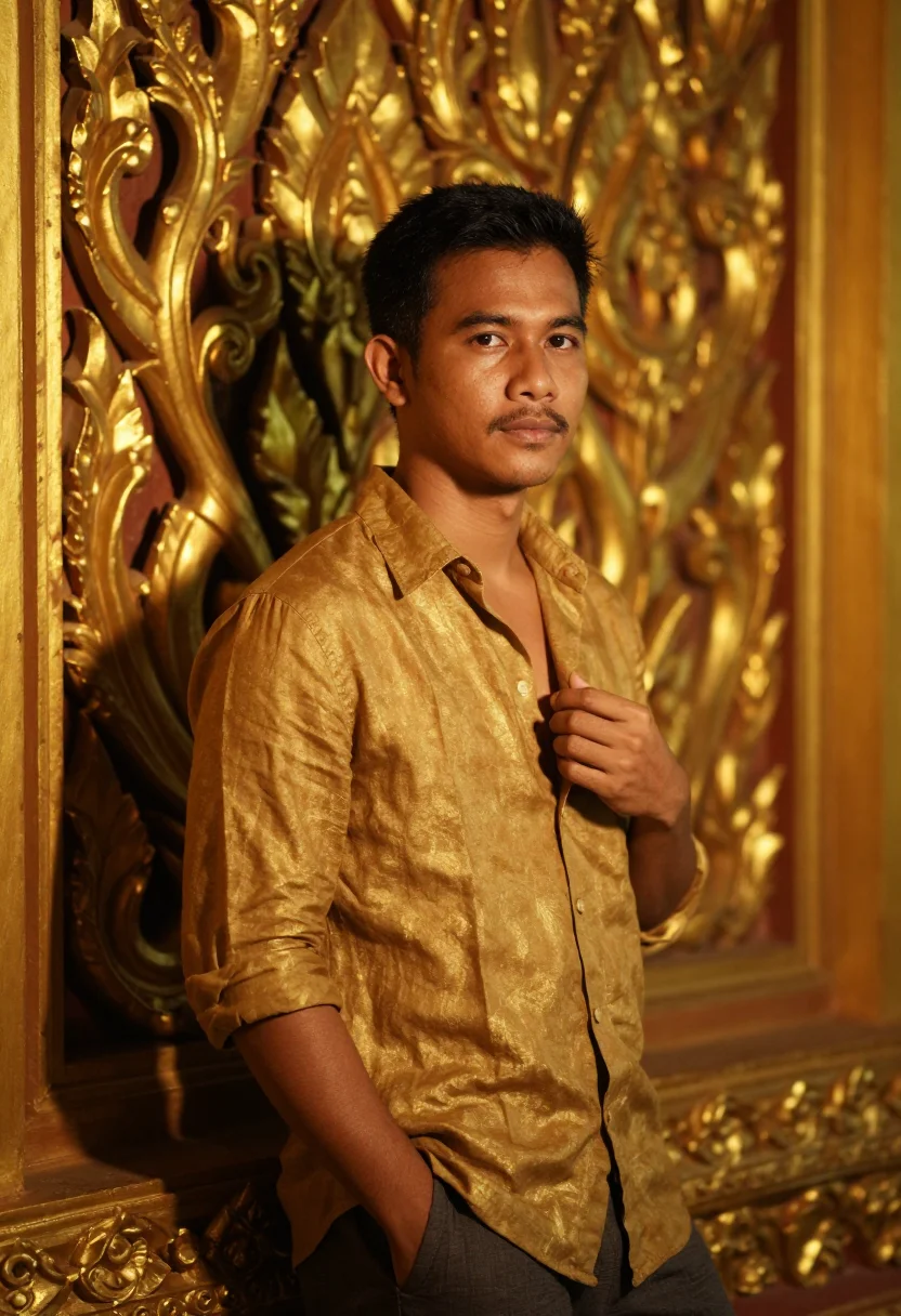 AI chao phraya night gold sample — portrait of a man, framed chest-up, cropped at the ribs, the