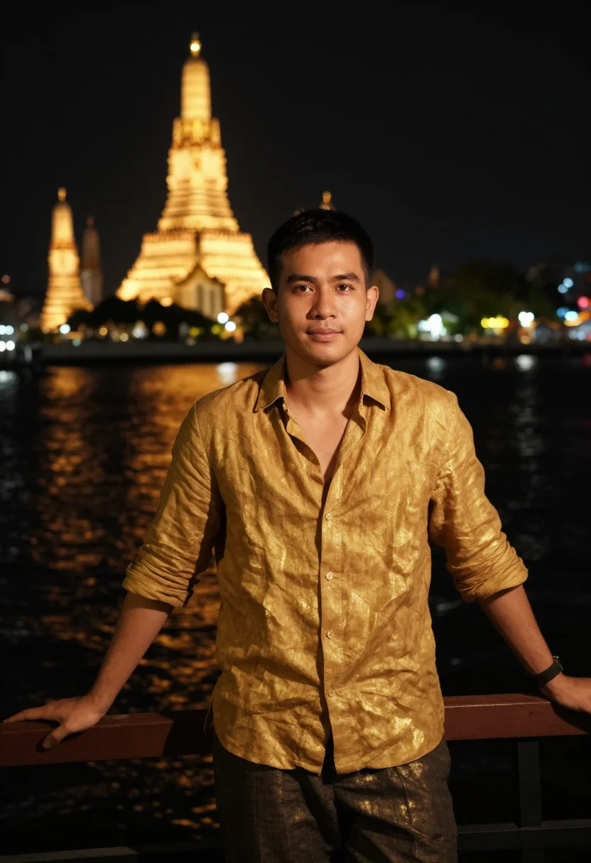 AI chao phraya night gold sample — portrait of a man, framed half-length from the head to the h