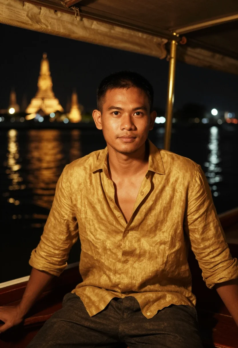 AI chao phraya night gold sample — portrait of a man, framed tight, head and shoulders, the bod