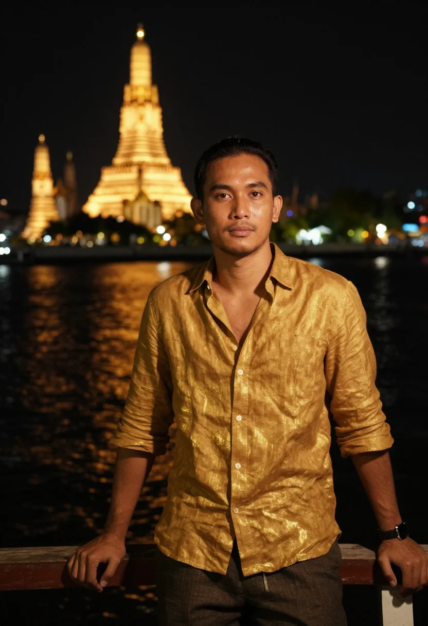 AI chao phraya night gold sample — portrait of a man, framed chest-up, cropped at the ribs, the